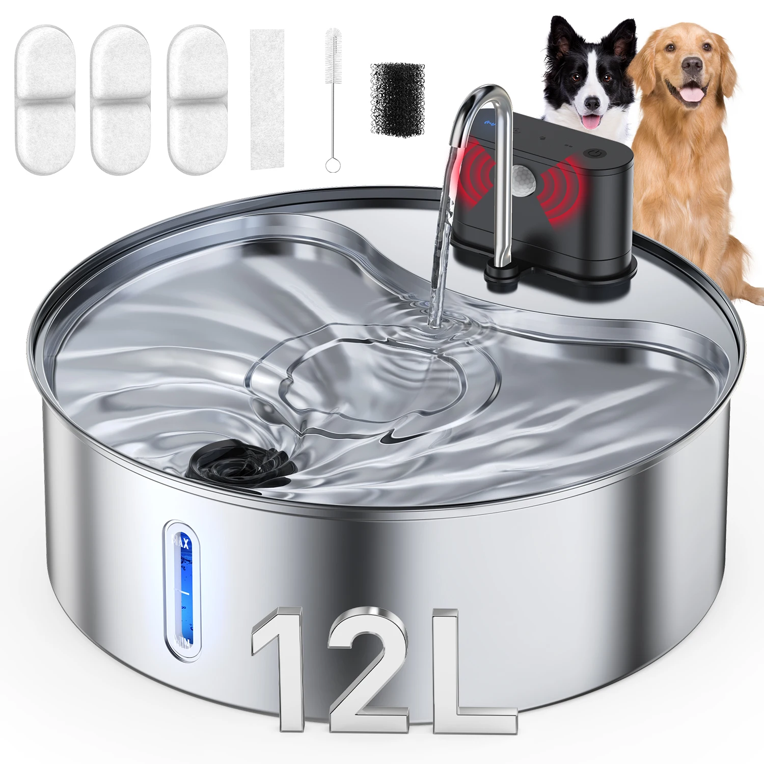 Fontaine à eau pour animaux de compagnie en acier inoxydable de 12 L avec capteur de mouvement, rechargeable, système de filtration en 3 étapes pour chats et chiens