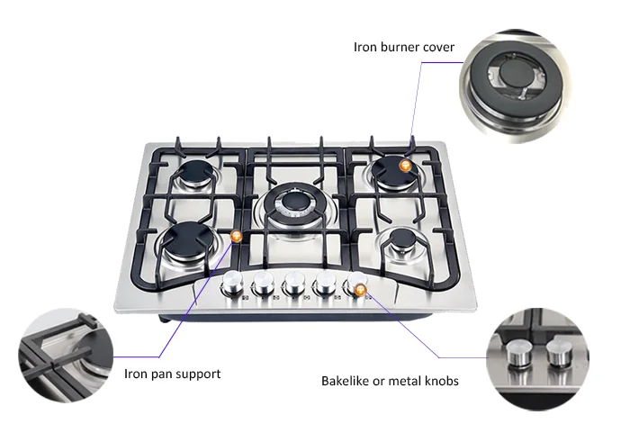 أجهزة المطبخ المدمجة في موقد غاز الفولاذ المقاوم للصدأ جودة عالية رائجة البيع موقد غاز 5 شعلات برونزية منزلية مع موقد CE