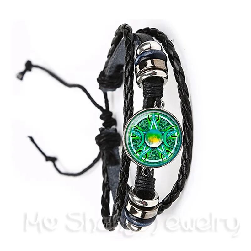 Triple Moon Goddess Bracelet Pentagram Witch Jewelry 20mm Glass Dome Wiccan Black/Brown Leather Bangle Charm Wicca Jewellery