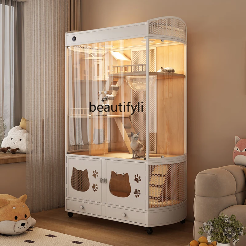 Panoramic Villa Curved Glass Cat Room Solid Wood Cat House Household Cat Cabinet with Sand Basin