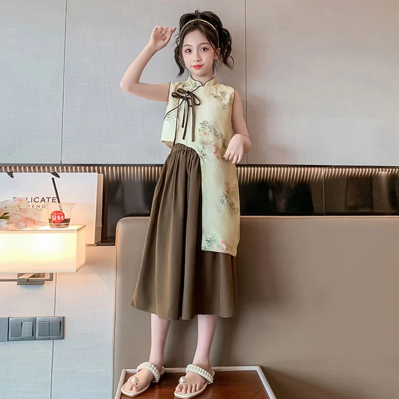 

New Childrens Ancient Style Set Summer Girls Glass Cup New Chinese Two piece Set Skirt 4 6 8 10 11 13 14 Casual Vintage Clothing