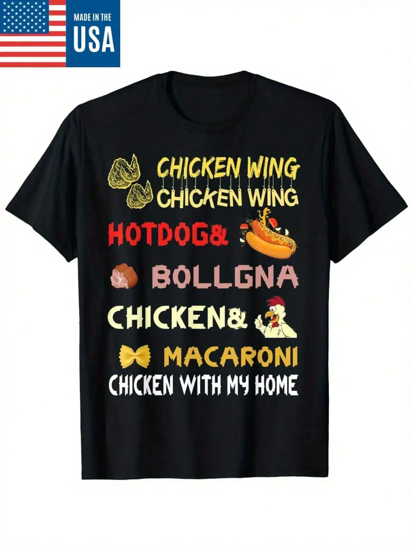 Camiseta gráfica retro de comida rápida para hombre - Diseño de alitas de pollo, hot dog y boloñesa, 100% algodón, manga corta, negra con tipografía colorida