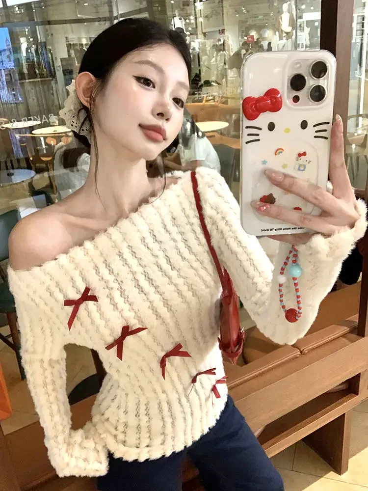 Deeptown Sweet Bow Knitted Pullover Women Off Shoulder Sexy Long Sleeve Sweaters Korean Style Kawaii Autumn Winter Pullovers