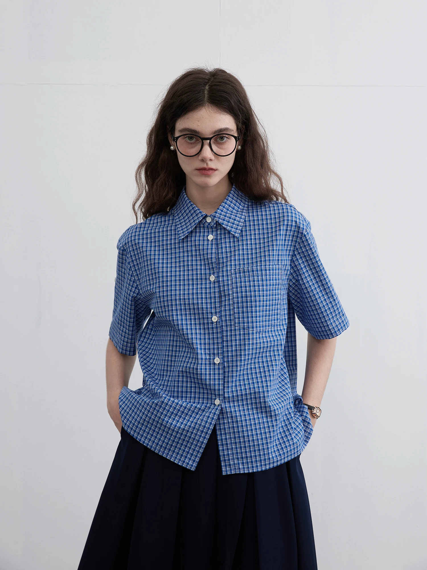 

Рубашка Willbewell в стиле ретро, цветная, синяя в клетку, с рукавами до плеч, с манжетами, свободного кроя, из хлопка, с воротником, на пуговицах