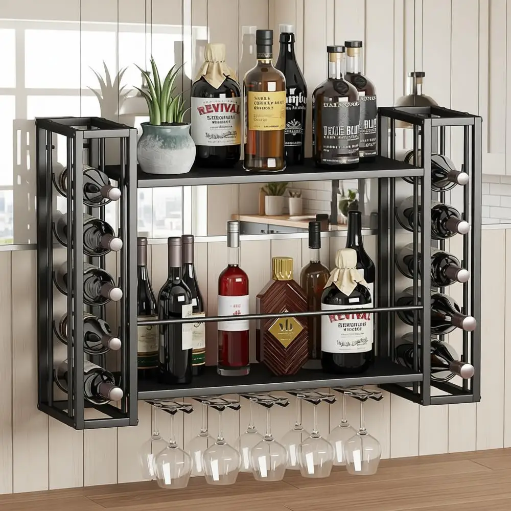 

Черная 2-ярусная настенная подставка для вина и бокалов — многофункциональное хранение для дома или бара в ресторане