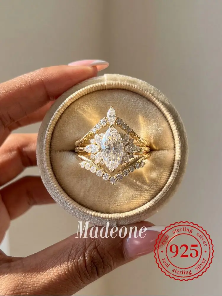 

925 Sterling Silver Gorgeous Marquise V-shaped Three Piece Zircon Ring For Women Wedding Luxury High Quality Fine Jewelry