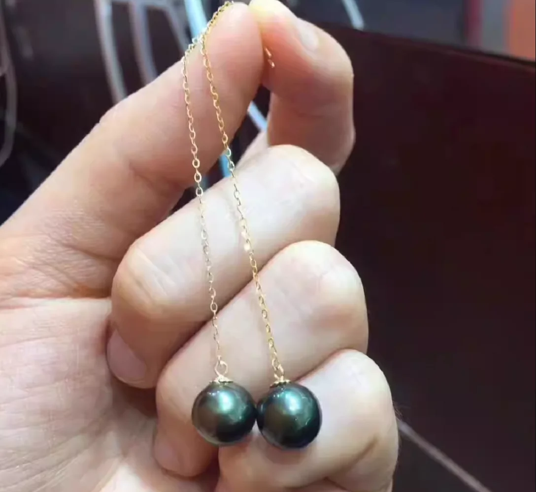 

Натуральные круглые жемчужные серьги из Таити, класс АААА, 8-9 мм, золото 18 карат/AU750, длина цепочки 5,5-6 см