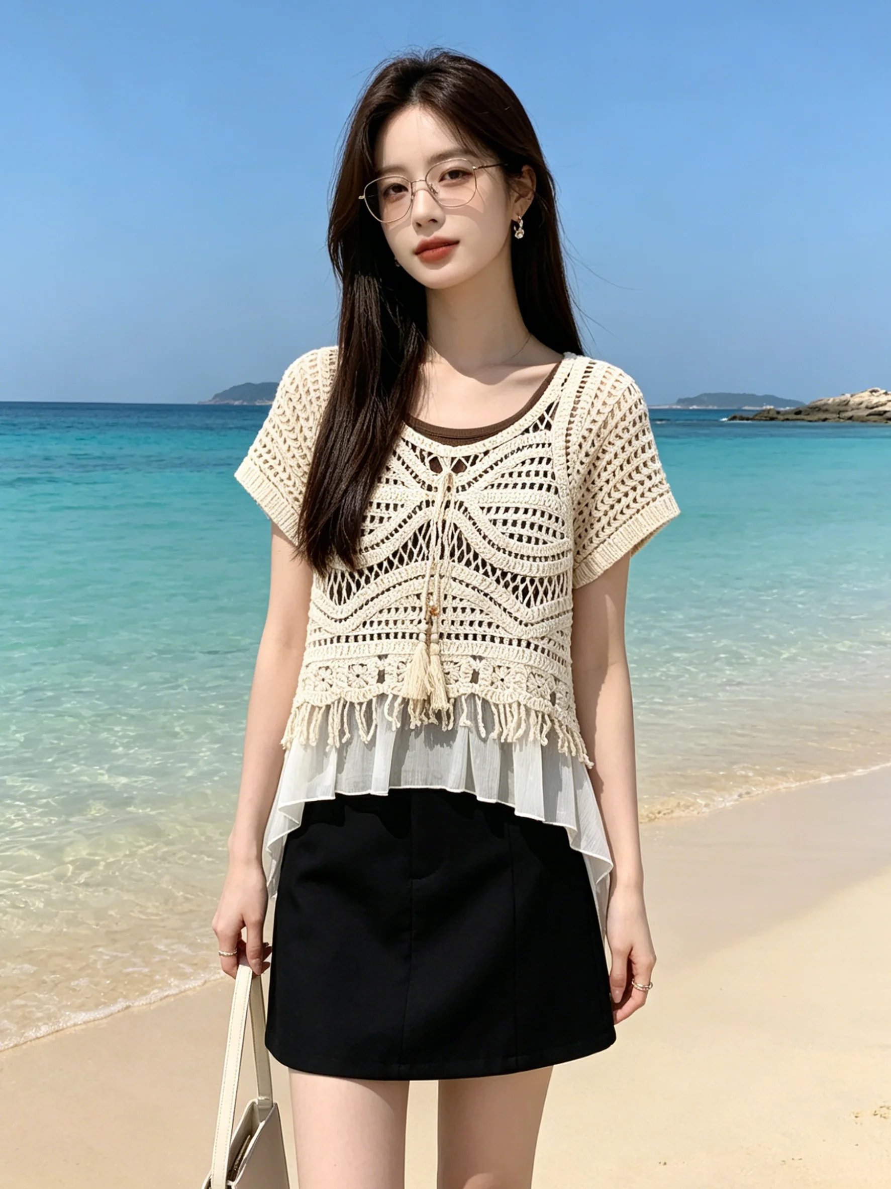 

Vacation Style Knitted T-Shirt Hollow out Short Sleeve Fake Two-Piece Summer Strap Set Layering Bohemian Trim Casual Wear
