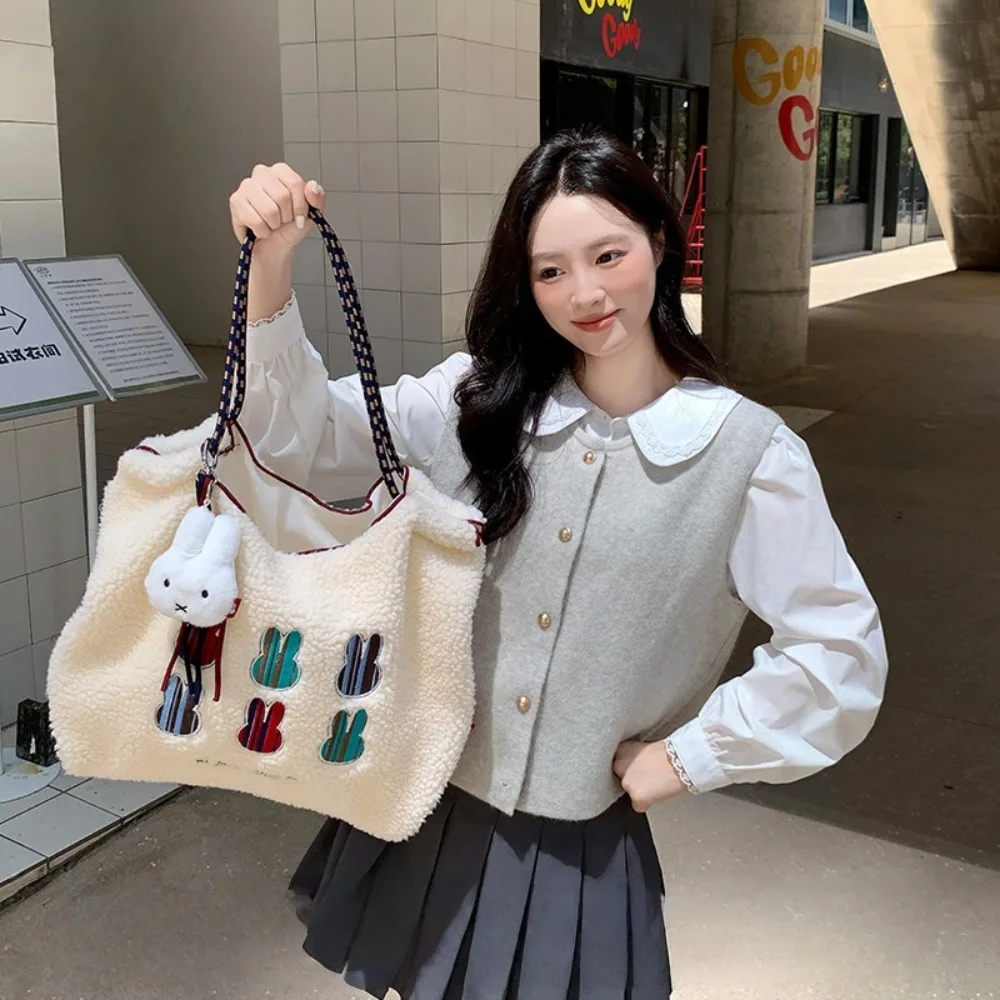 Cartoon Miffy Embroidered Sherpa Shoulder Bag Large Capacity Fashion Item Versatile Daily Neutral Style High Appearance