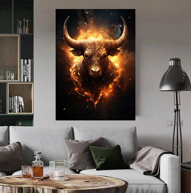 Angry Bull and Bear Posters Prints Fire Bull Head on The Canvas Painting Wall Art Pictures for Nordic Living Room Home Decor