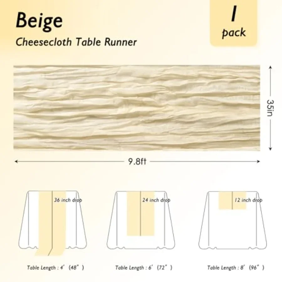 Cheesecloth Table Runner 0 Inch Feet Beige Cheese Cloth Fabric Runners 1 Pack for Wedding Decoration, Banquet, Boho Decor