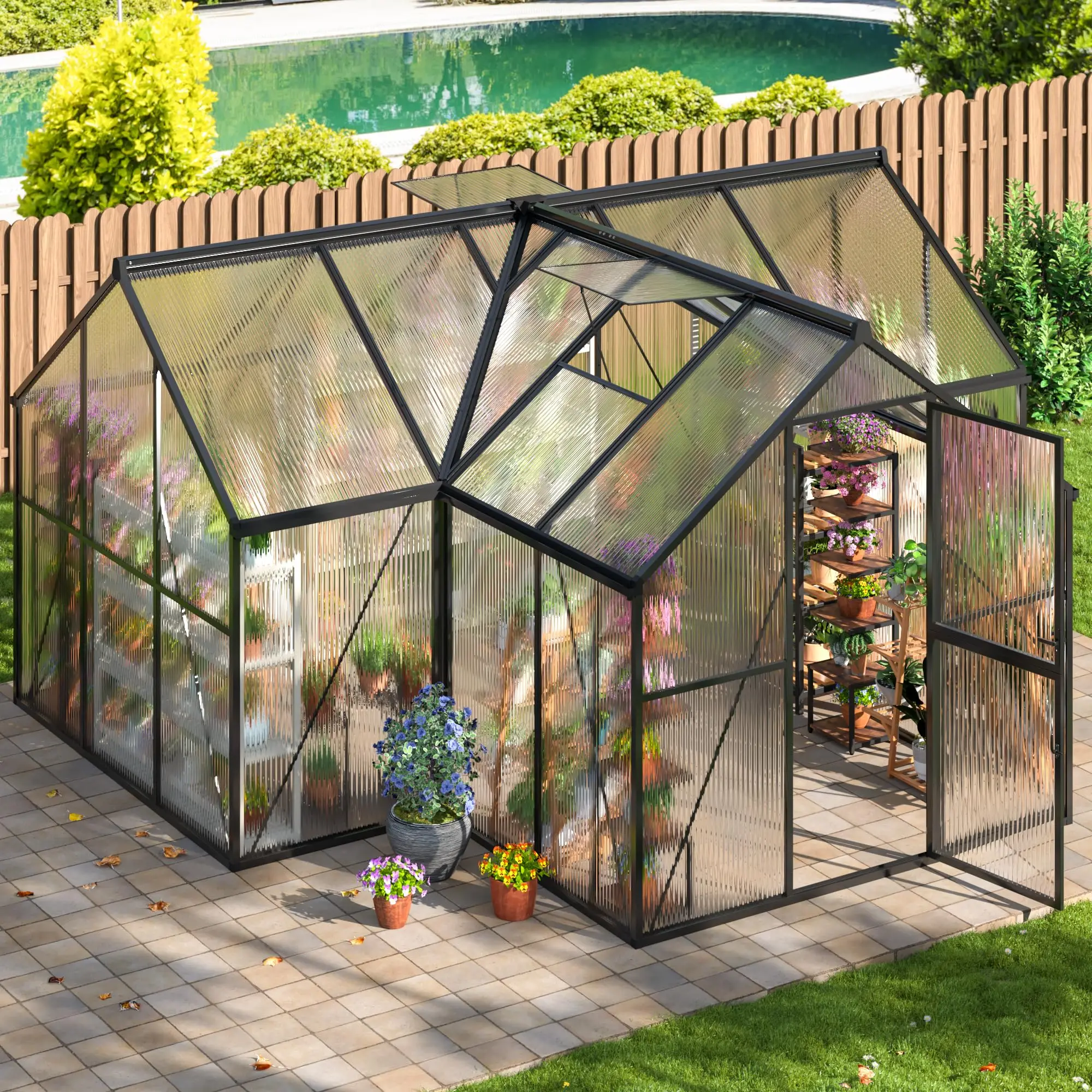 

VIWAT T-Shape 12x12FT Теплица из поликарбоната, панели ПК и алюминиевая рама с вентиляционными окнами — простая сборка для ходьбы на заднем дворе