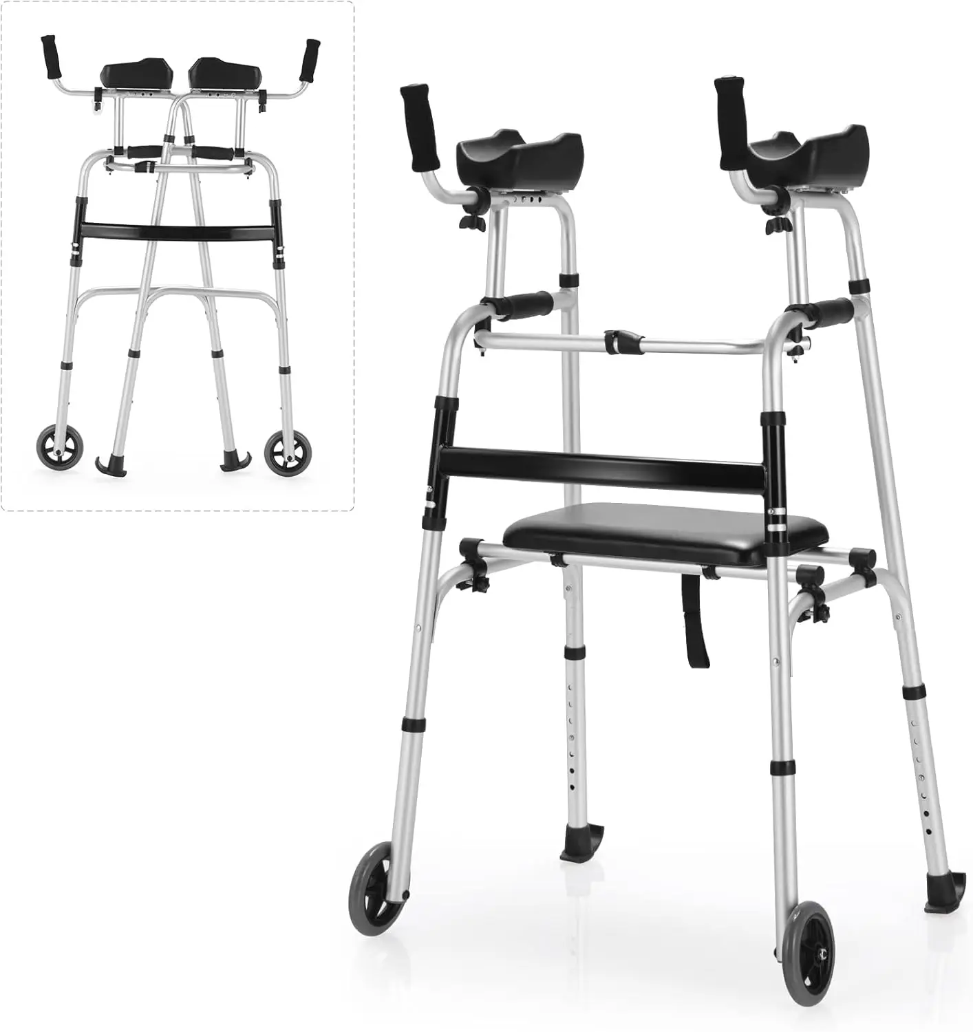 Folding Walker for Seniors, Lightweight Standard Walker with 5’’ Wheels, Seat and Arm Rest Pad,Height Adjustable Platform Walker