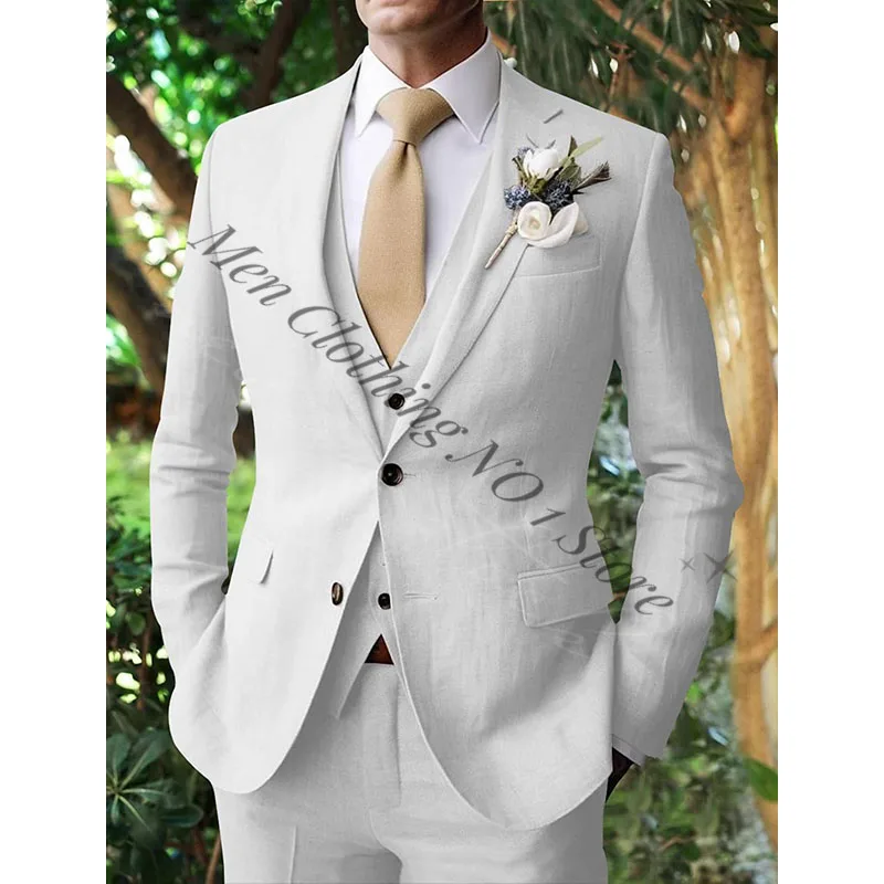 Sage Green Men\'s Linen Suits Summer Beach 3 Pieces Set (Blazer+Vest+Pant) Tailored Fit Two-buttons Notched Lapel Wedding Suits