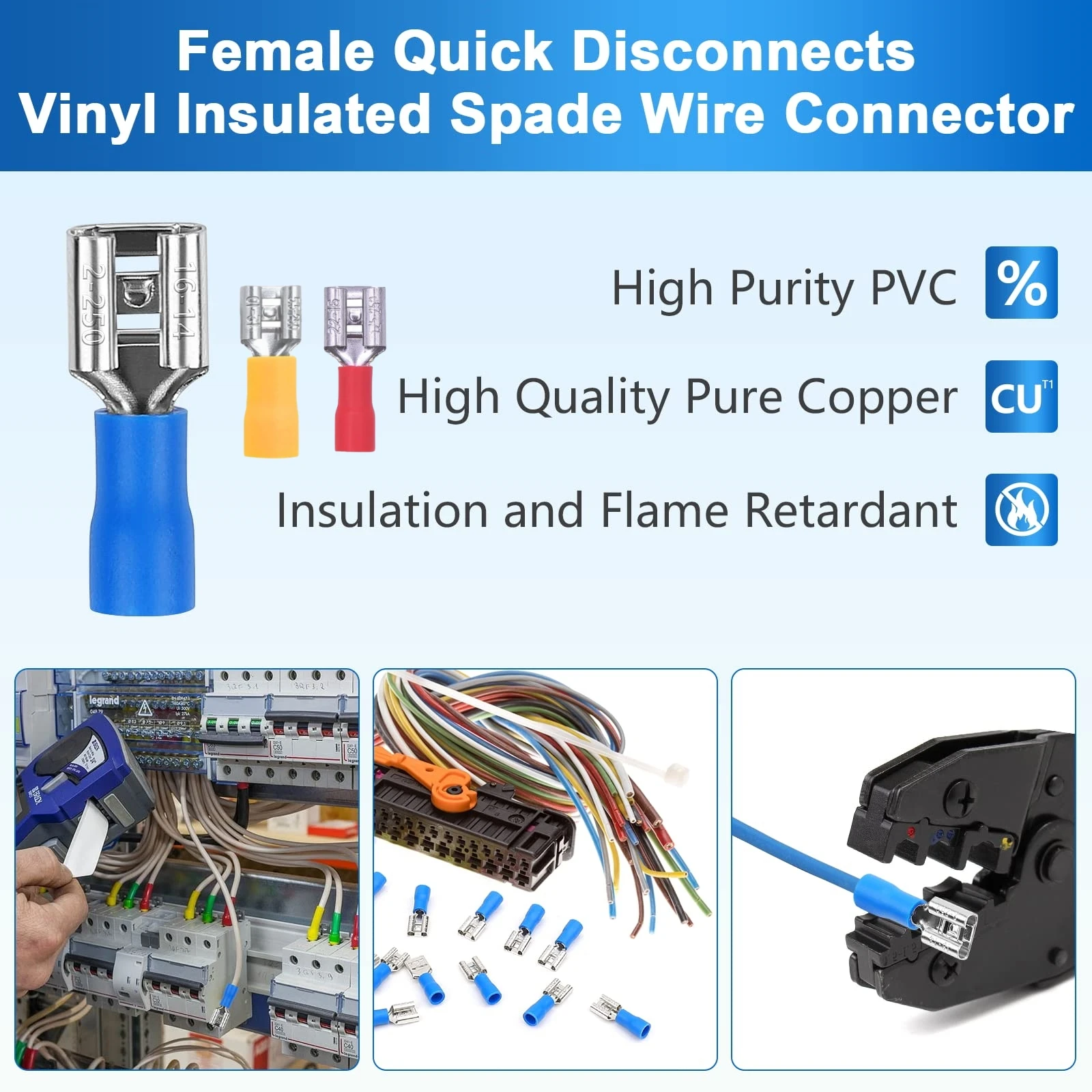 50 Stück Vinyl-Isolierte Flachsteckverbinder 22-16 16-14 12-10 AWG - 6,3mm 1/4" Elektrische Schnelltrenn-Kabelverbinder Set – Detail 3