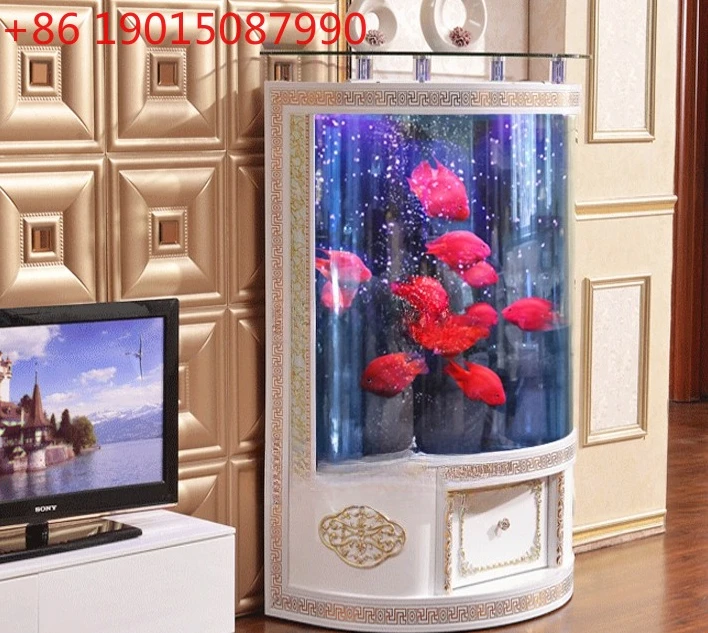 fish tank aquarium European-style household living room goldfish tank cylindrical glass against the wall Ecological water-free