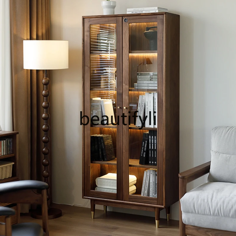 

North American black walnut bookcase, all solid wood combination glass display case, floor-to-ceiling wine cabinet