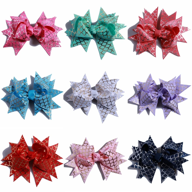 5PCS 10CM Newborn Grosgrain Ribbon Swallow-tailed Hair Bows With Fish Scale For Hair Clips Butterfly Shaped Boutique For Head