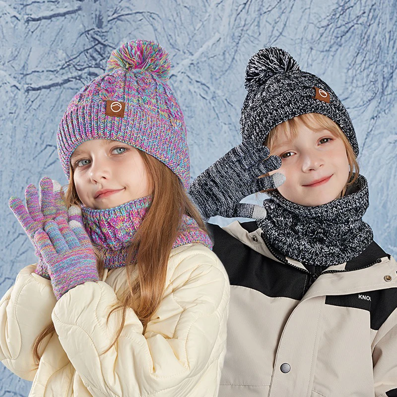 3pcs/Set Children's Knitted Beanie Hat Plush Thick Warm Neck Scarf Gloves Set Outdoor Playing For Cold Weather Winter Keep Warm
