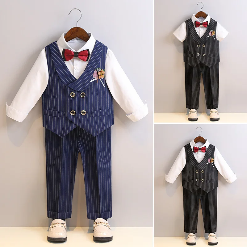 

Boys Vest Suit Spring Flower Child Wedding Outfits Handsome England Striped School Kids Piano Host Performance Blazer Set 4 6 Y