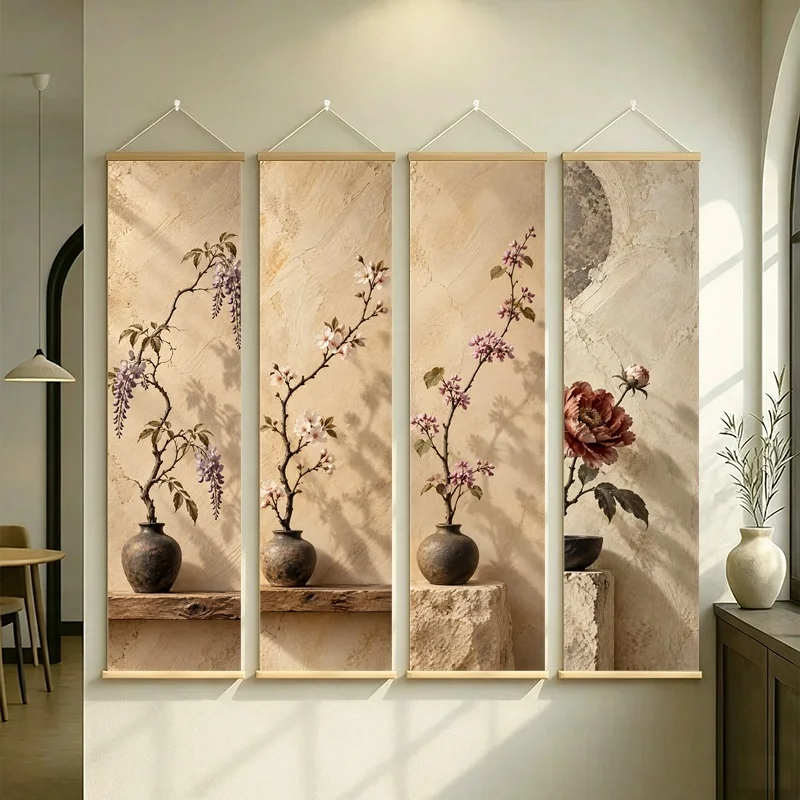 Wall Decor Wisteria Cherry Blossom Redbud and Peony, Wabi Sabi Floral Pearlescent Canvas Hanging Scroll for Boutique Hotel