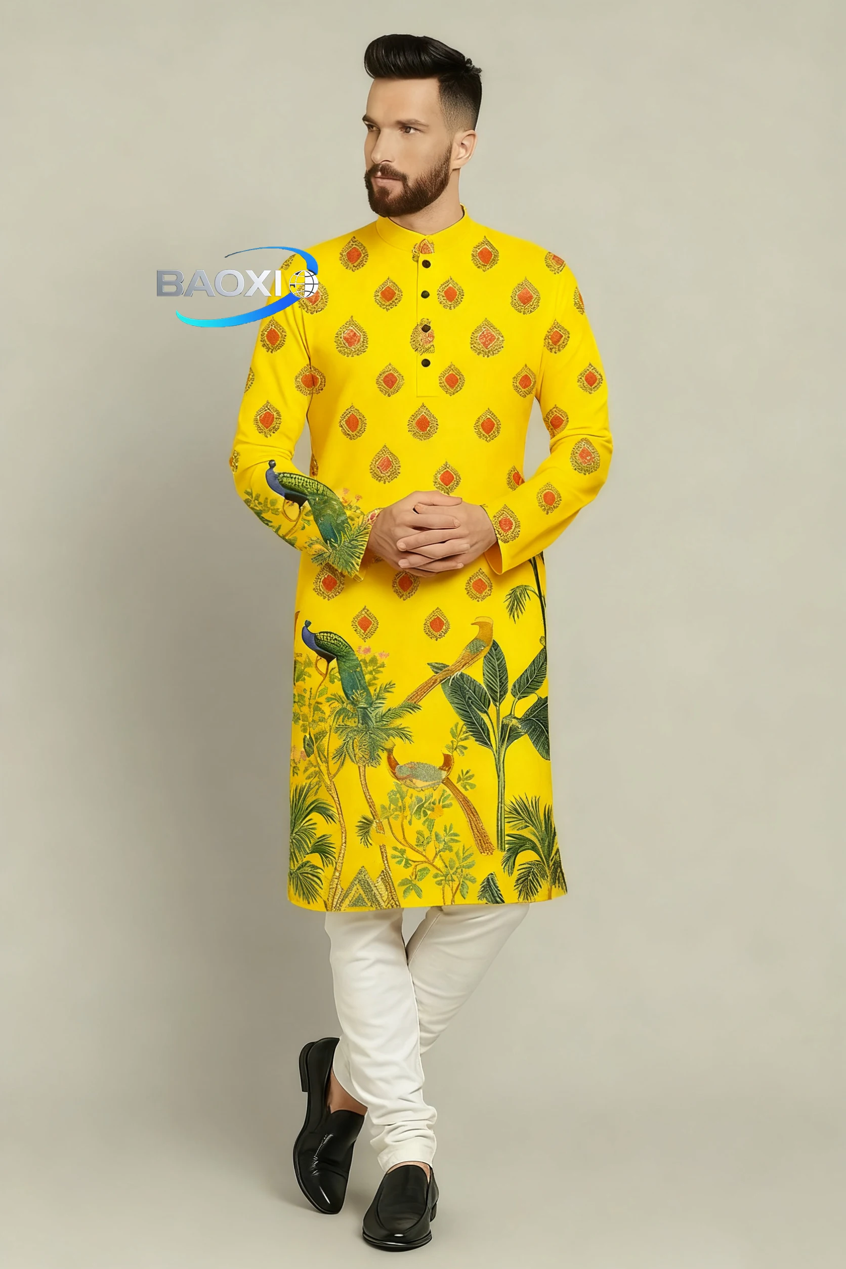2026 abito lungo da uomo con colletto alla coreana stampato Kurta Gezha adatto a tutte le occasioni, come luoghi nuziali di fascia alta