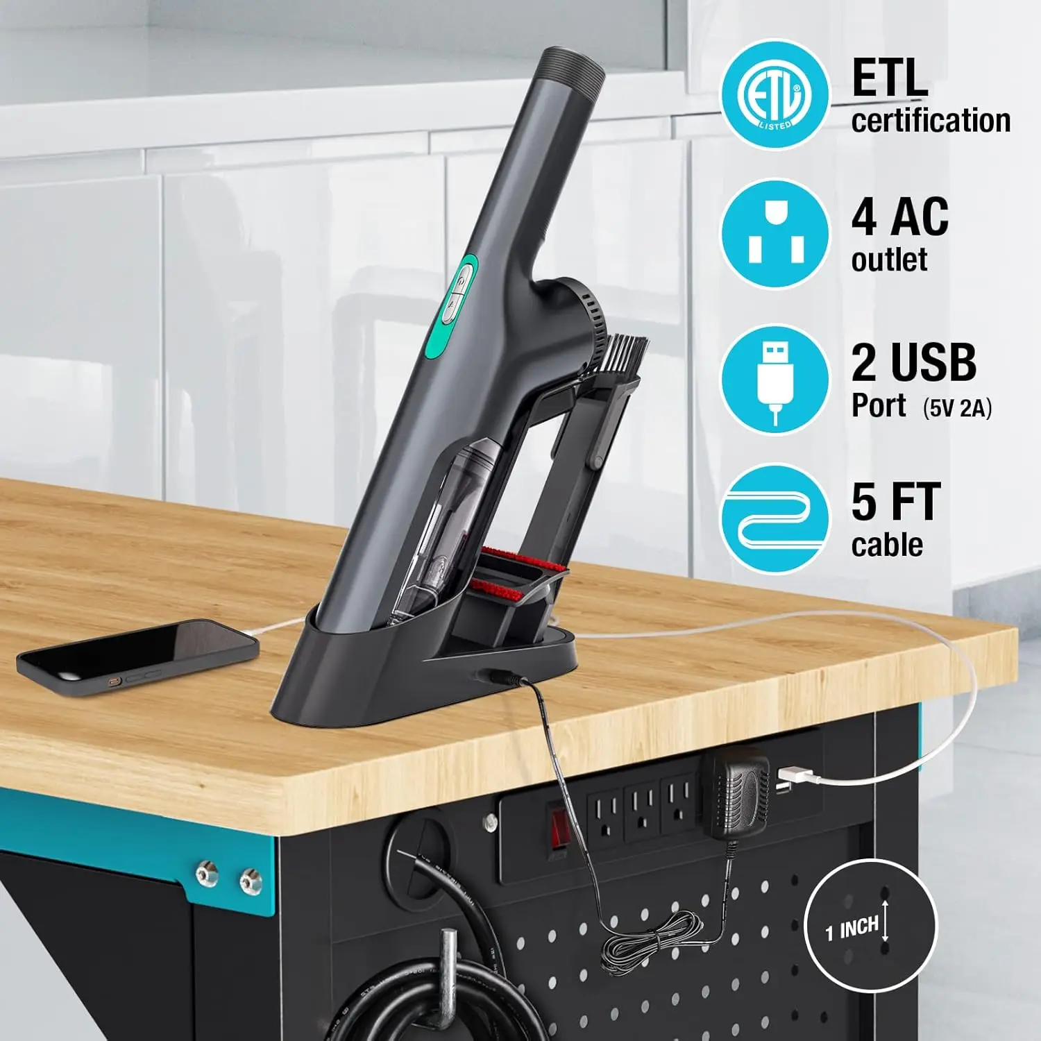 Banco de trabajo ajustable, mesa de trabajo superior de madera de caucho resistente con estación de trabajo de cajón con regleta