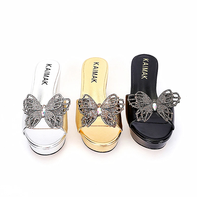 Diamond genuine leather butterfly flower handbag high heel thick sole gold women's plus size slippers dinner shoe bag set