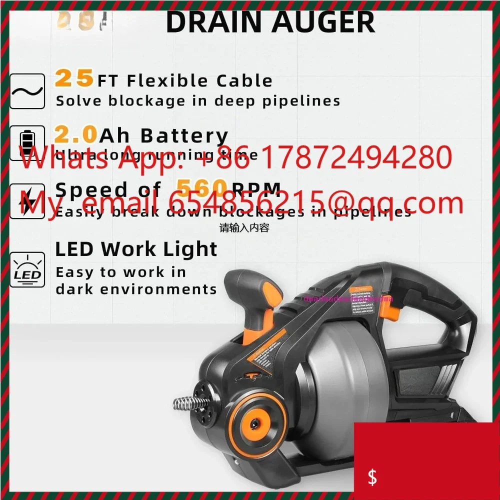 Electric Drain Auger with 25FT Plumbing Snakes, Snake Drain Clog Remover for Unclogging Toilet, Sewer, Bathroom