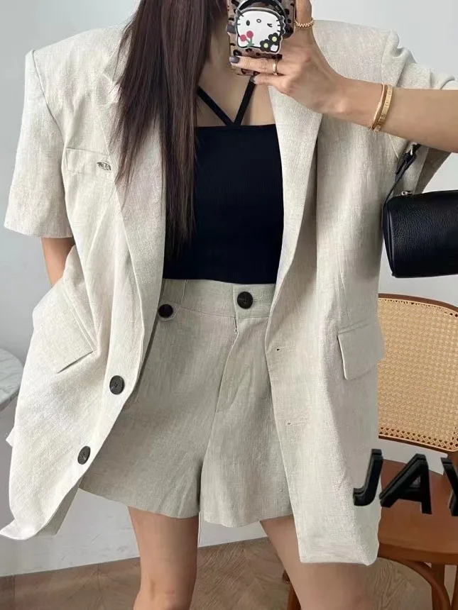 

Ele High Waist Casual ort Pants Set Women's Loose Fit Suit Jaet Summer New Sle Ba Split Design Faionable Ensemble