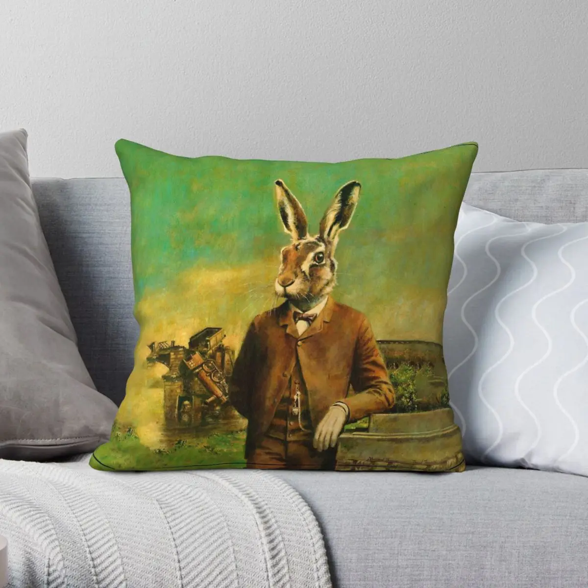 Victorian Hare Before Train Wreck Square Pillowcase Polyester Linen Velvet Creative Zip Decor Car Cushion Case 45x45