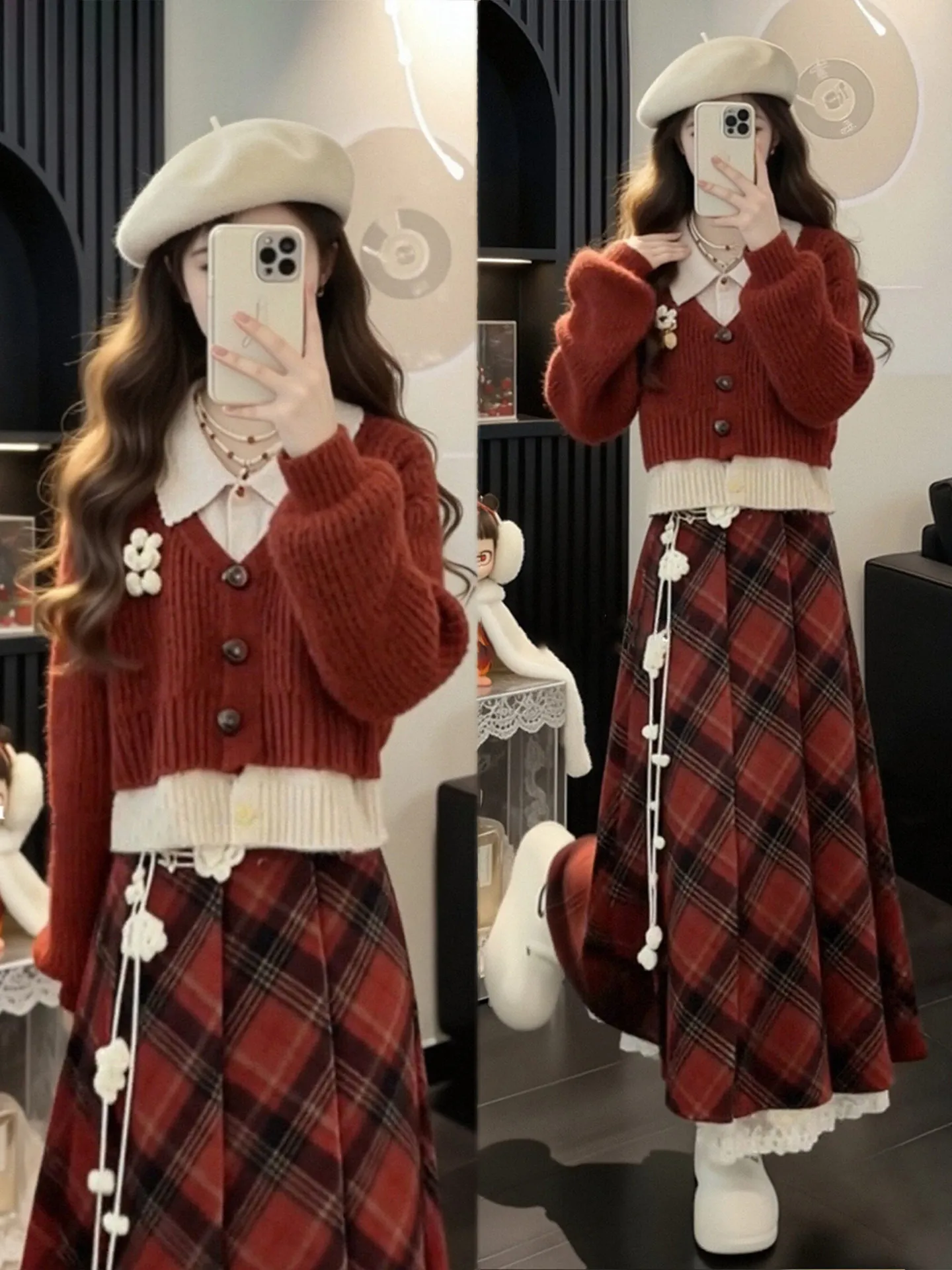 

Winter Faion plus Size Knitted Sweater And Skirt Set Women's Cisas Theme Ensemble Red Color Blo High Waist Vintage Sle