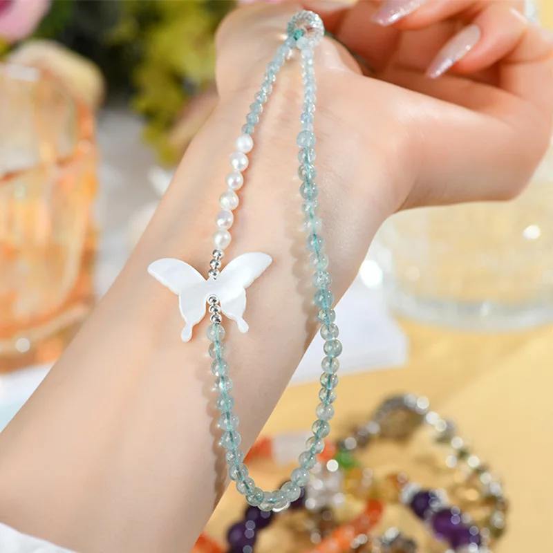 

Natural Aquamarine Pearl Phone Chain Pendant Disc Fashion Keychain Hanging Ornament
