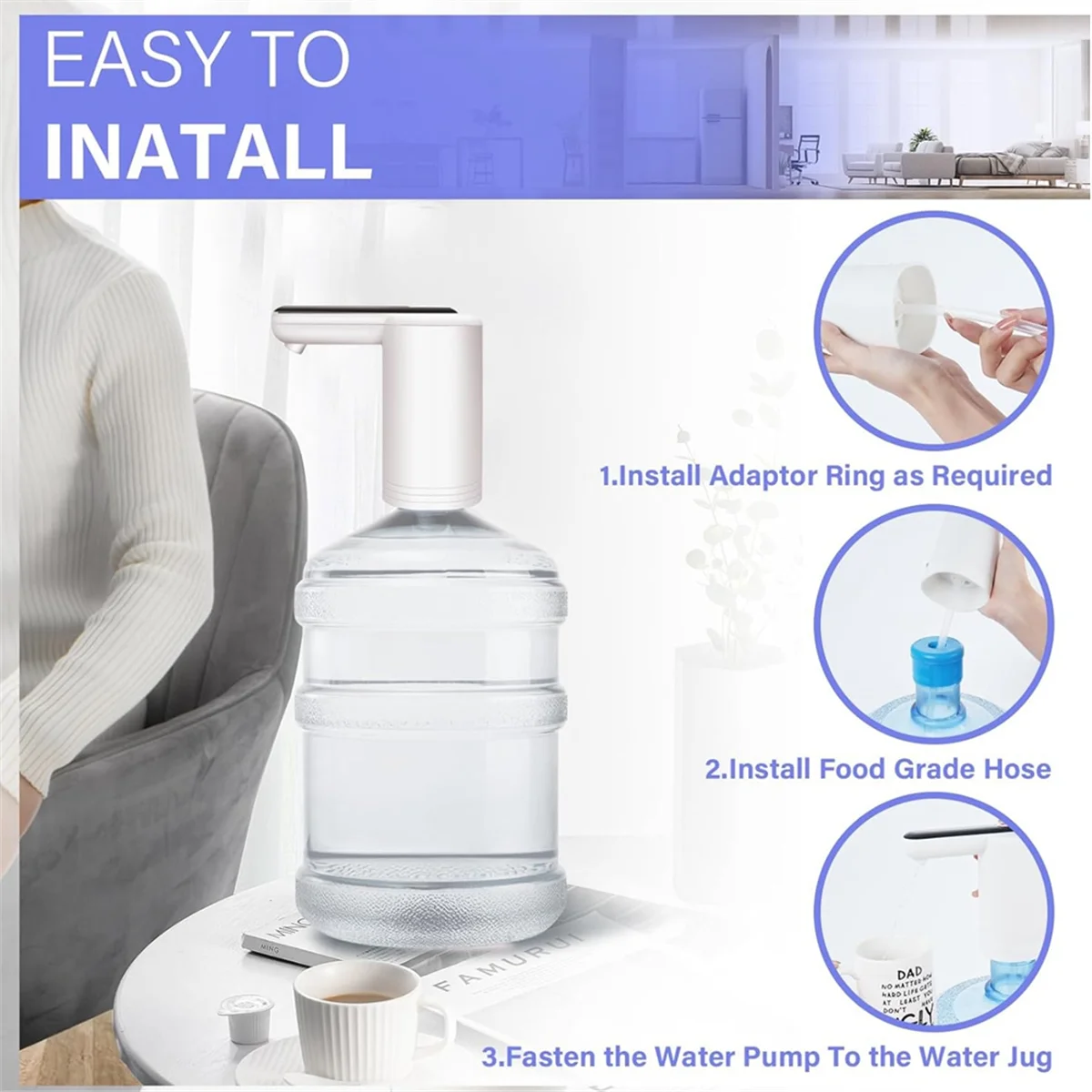 Диспенсер для воды для бутылки на 5 галлонов, универсальный 2-моторный водяной насос с быстрым накачкой, портативная зарядка через USB, черный