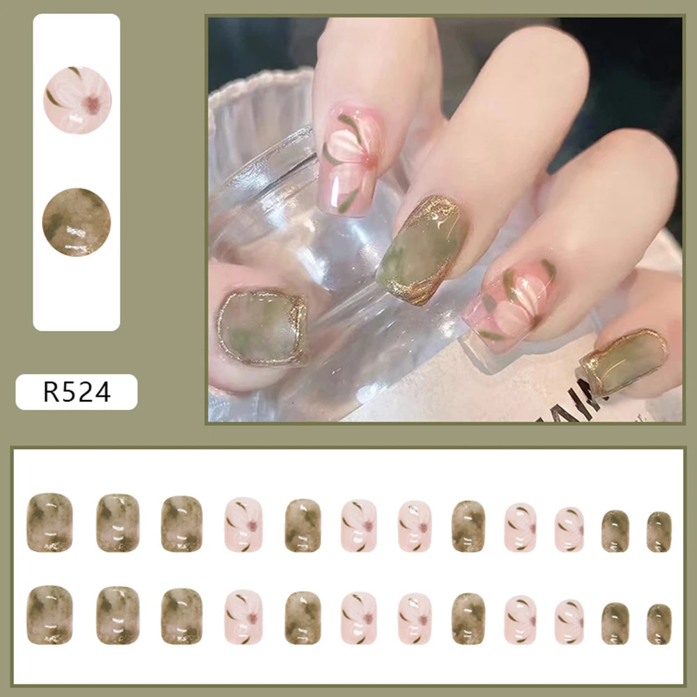 24Pcs Green False Nails Refreshing Camellia Short Fake Nails for Women and Girls Salon Finger Toes DIY Manicure SAL99