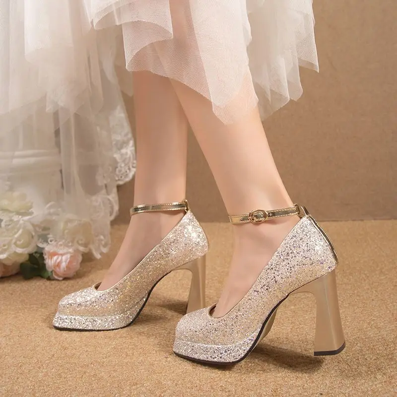 FHC 2024 Spring Wedding Shoes,Crystal High Heels,Women Pumps,Square Toe,Ankle Buckle Strap,Shining Champagne,Silver,Dropship