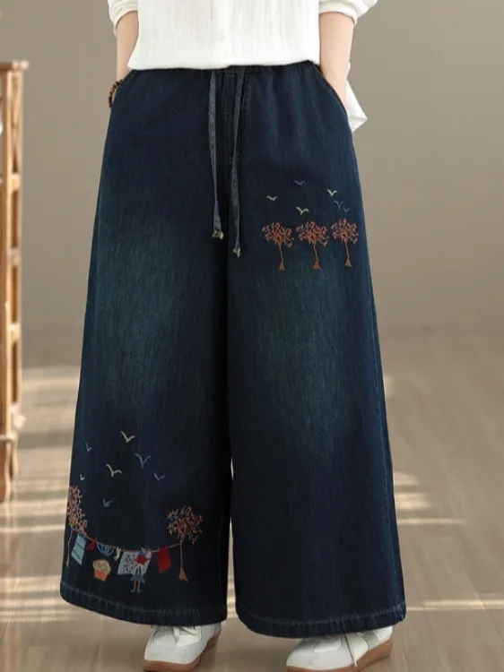 

Spring 2026 Ethnic Style Embroidered Heavy Work Washed Denim Pants Wide Leg Loose Fit Women's plus Size Belted Casual Jeans