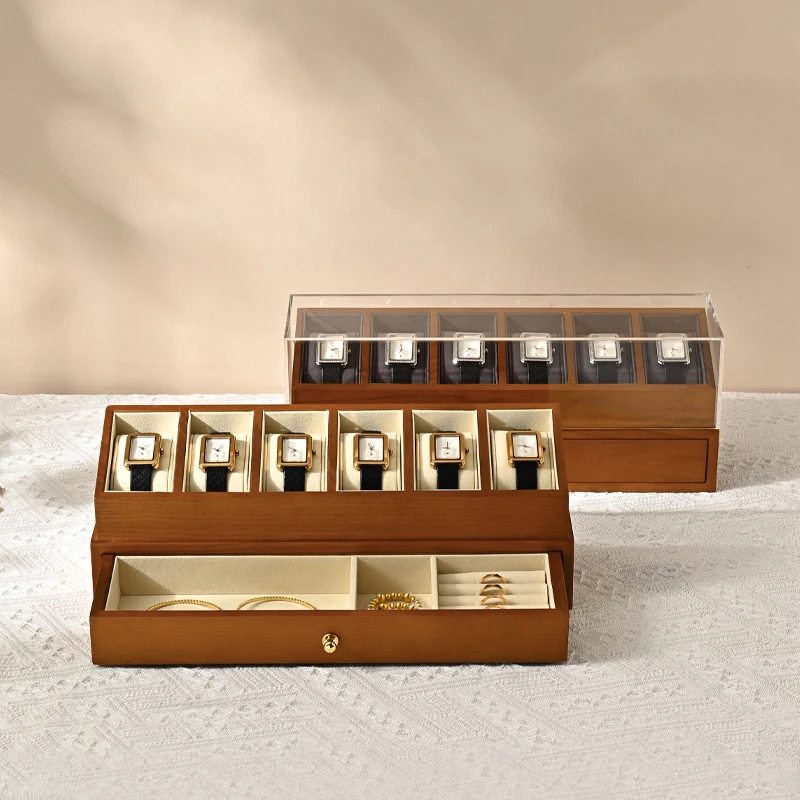 MISHITU 6 Grilds Watch Organizer Box Wooden Double-layer Jewelry Organizer Dust-proof Transparent Cover Wrist Watch Display Box