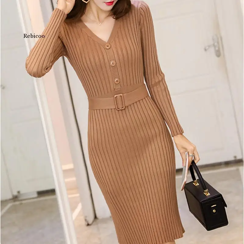 

Knitted Belt Long Sleeve Dress Women 2021 Slim Bodycon Autumn Korean Elegant Fall Winter Button V Neck Sweater Midi Ribbed Dress