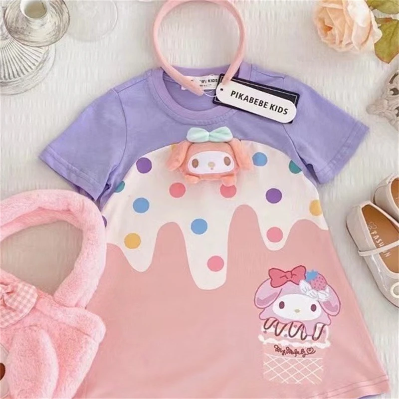 Sanrios My Melody Baby Dress para meninas, Anime Kawaii Princess Dresses, T-shirt de boneca infantil, saia de algodão infantil, roupas de verão