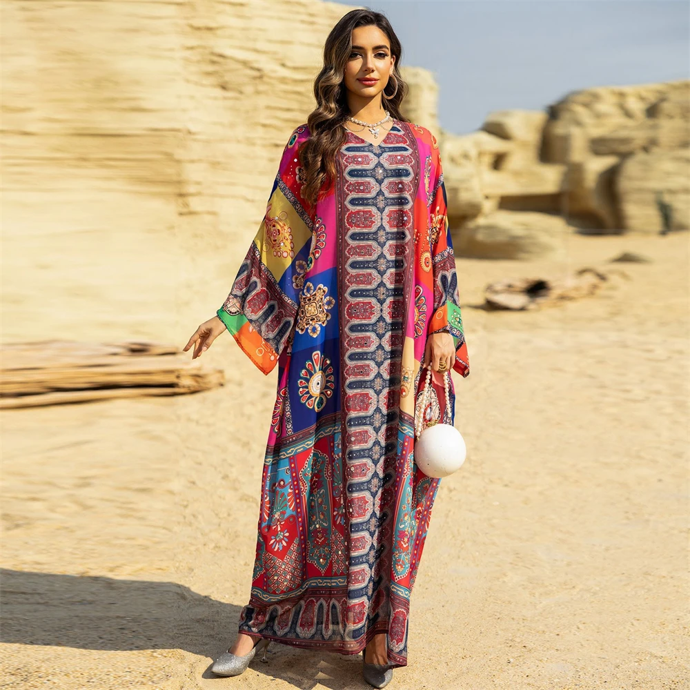 Eid Women Dress Print Diamond Bat Sleeve Caftan Muslim Party Robe Ramadan Morocco Dubai Kaftan