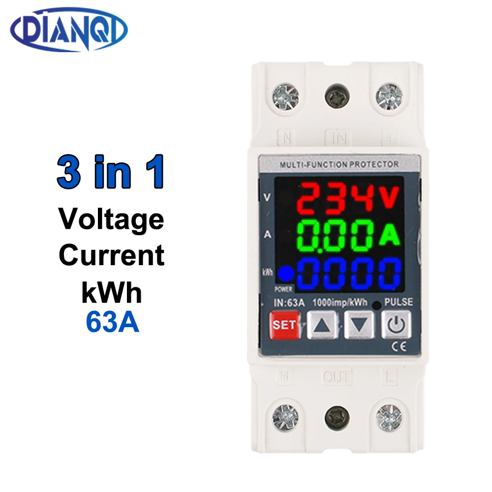 3in1 Display Din Rail Adjustable Over Voltage Current Under Voltage Protective Device Protector Relay 220V KWH 63A