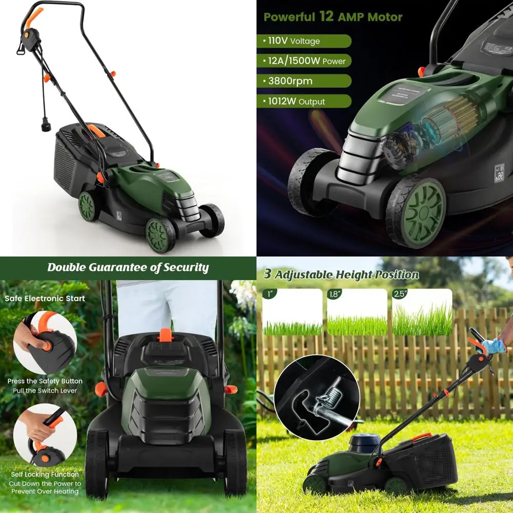 

14-дюймовая электрическая газонокосилка с питанием 12 А, коллекционный ящик, 3 регулировки высоты для обслуживания двора