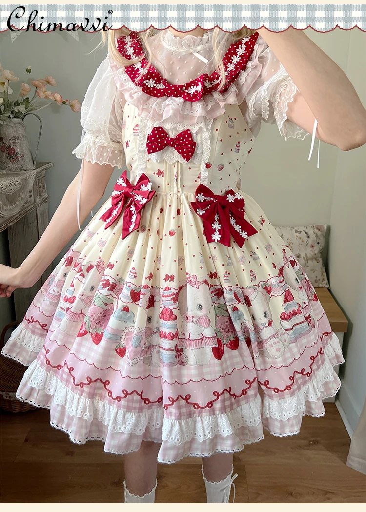 

Оригинальный дизайн, милое платье клубничного медведя OP/jsk, осень 2023, новое милое платье Kawaii с высокой талией для девочек, элегантное платье принцессы Лолиты