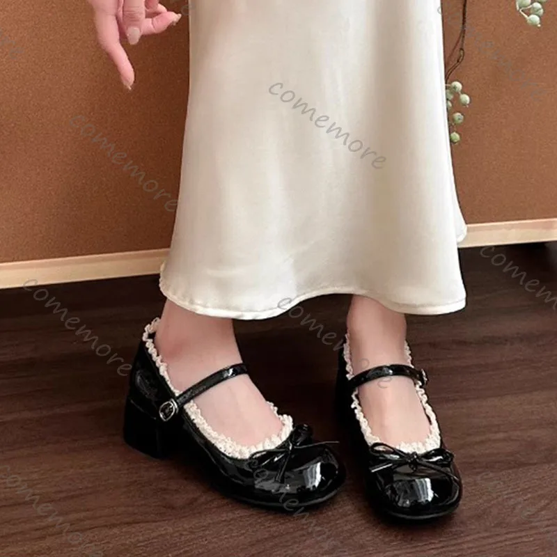 Comemore Bow Temperament High Heels Ballet Ladies Leather Shoes Retro Lace Edge Thick Middle Heel Pumps Mary Janes for Women