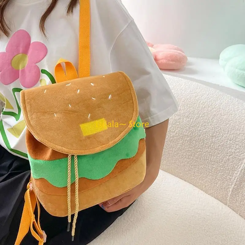 

Y4QA Large Capacity Plush Backpacks Lovely Cartoon Hamburger Backpack Drawstring School Bag Travel Backpack for Students