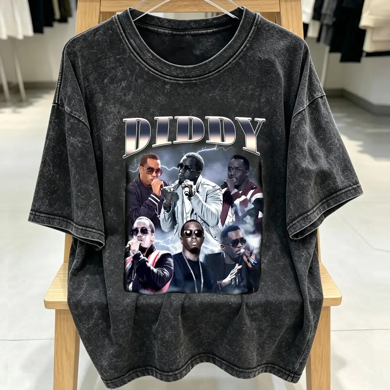 washed T Shirt Diddy Hiphop SweaT Vintage RnB Rapper American vintage Washed Stylish Stretched Slightly homme Soft streetwear