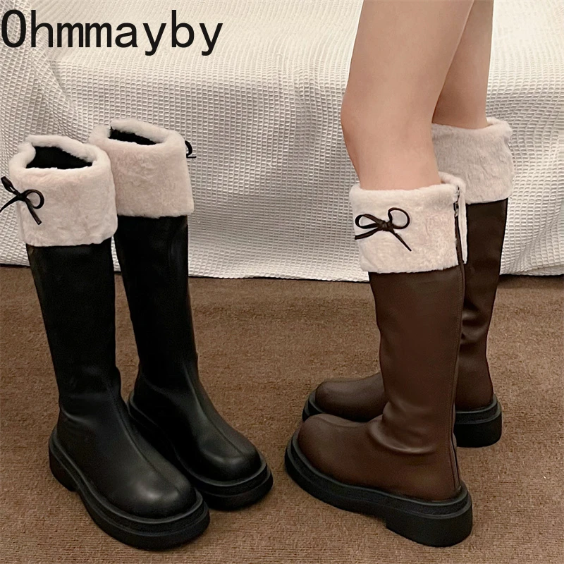 Otoño Invierno corto de felpa mujer hasta la rodilla bota moda punta redonda Caballero botines largos botas de inverno feminina