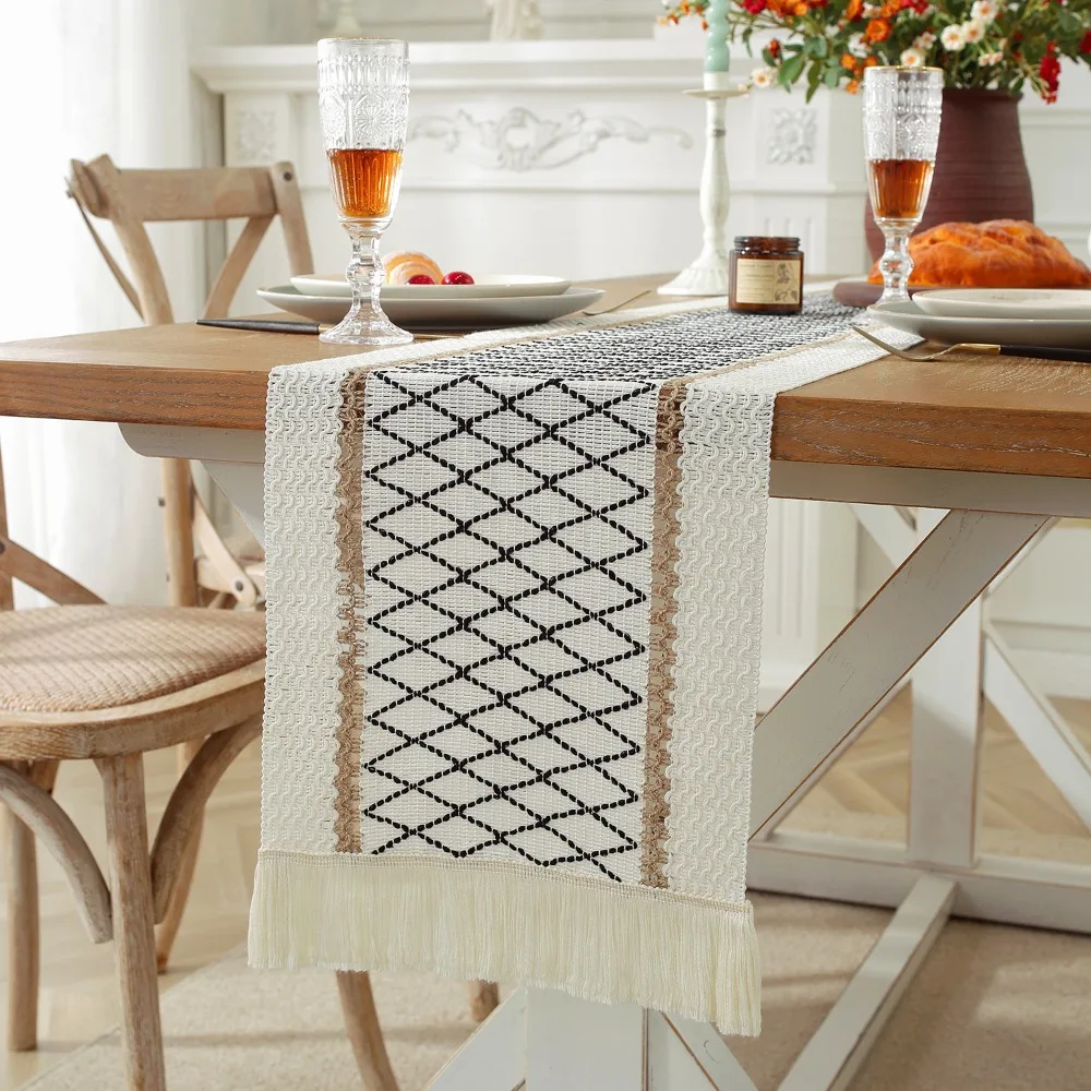 الشمال نمط البوهيمي الجدول عداء القطن والكتان الماس نمط غطاء الطاولة مع شرابة ريفي عيد الميلاد مفرش طاولة #3