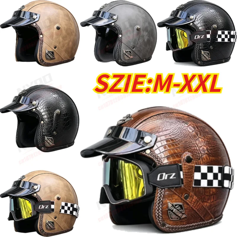

Retro PU Leather 3/4 Open Face Helmet, DOT Certified Vintage Chopper Motorcycle Bicycle Universal Safety Helmet